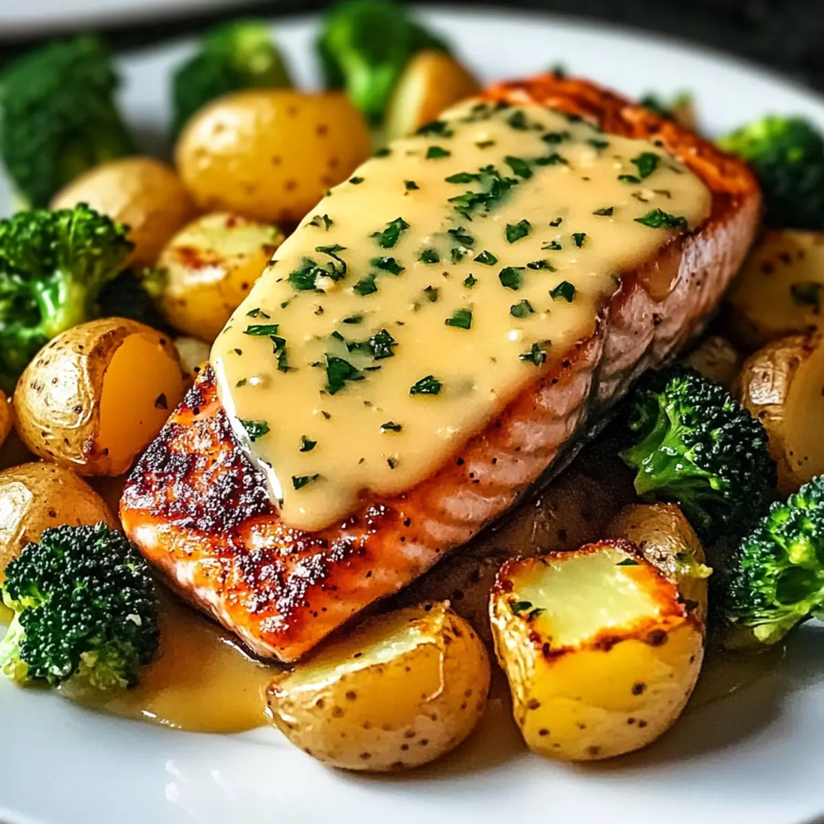 Lemon Butter Salmon with Crispy Potatoes and Roasted Broccoli