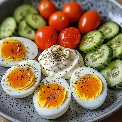 Mediterranean Egg Plate with Fresh Veggies & Cream Cheese